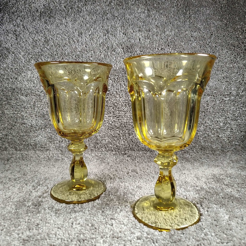 Vintage Amber Glass Goblets Panel Arch Pattern Yellow Water Wine Set of 2 6.5in
